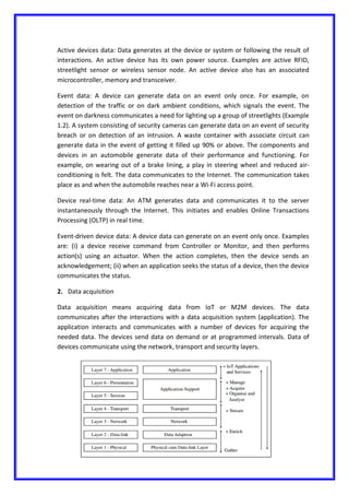 Active devices data: Data generates at the device or system or following the result of
interactions. An active device has its own power source. Examples are active RFID,
streetlight sensor or wireless sensor node. An active device also has an associated
microcontroller, memory and transceiver.
Event data: A device can generate data on an event only once. For example, on
detection of the traffic or on dark ambient conditions, which signals the event. The
event on darkness communicates a need for lighting up a group of streetlights (Example
1.2). A system consisting of security cameras can generate data on an event of security
breach or on detection of an intrusion. A waste container with associate circuit can
generate data in the event of getting it filled up 90% or above. The components and
devices in an automobile generate data of their performance and functioning. For
example, on wearing out of a brake lining, a play in steering wheel and reduced air-
conditioning is felt. The data communicates to the Internet. The communication takes
place as and when the automobile reaches near a Wi-Fi access point.
Device real-time data: An ATM generates data and communicates it to the server
instantaneously through the Internet. This initiates and enables Online Transactions
Processing (OLTP) in real time.
Event-driven device data: A device data can generate on an event only once. Examples
are: (i) a device receive command from Controller or Monitor, and then performs
action(s) using an actuator. When the action completes, then the device sends an
acknowledgement; (ii) when an application seeks the status of a device, then the device
communicates the status.
2. Data acquisition
Data acquisition means acquiring data from IoT or M2M devices. The data
communicates after the interactions with a data acquisition system (application). The
application interacts and communicates with a number of devices for acquiring the
needed data. The devices send data on demand or at programmed intervals. Data of
devices communicate using the network, transport and security layers.
 