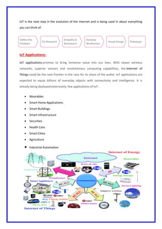 IoT is the next step in the evolution of the internet and is being used in about everything
you can think of.
IoT Applications:
IoT applications promise to bring immense value into our lives. With newer wireless
networks, superior sensors and revolutionary computing capabilities, the Internet of
Things could be the next frontier in the race for its share of the wallet. IoT applications are
expected to equip billions of everyday objects with connectivity and intelligence. It is
already being deployed extensively, few applications of IoT:
 Wearables
 Smart Home Applications
 Smart Buildings
 Smart Infrastructure
 Securities
 Health Care
 Smart Cities
 Agriculture
 Industrial Automation
 