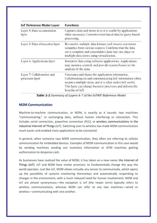 M2M Communication
Machine-to-machine communication, or M2M, is exactly as it sounds: two machines
“communicating,” or exchanging data, without human interfacing or interaction. This
includes serial connection, powerline connection (PLC), or wireless communications in the
industrial Internet of Things (IoT). Switching over to wireless has made M2M communication
much easier and enabled more applications to be connected.
In general, when someone says M2M communication, they often are referring to cellular
communication for embedded devices. Examples of M2M communication in this case would
be vending machines sending out inventory information or ATM machines getting
authorization to despense cash.
As businesses have realized the value of M2M, it has taken on a new name: the Internet of
Things (IoT). IoT and M2M have similar promises: to fundamentally change the way the
world operates. Just like IoT, M2M allows virtually any sensor to communicate, which opens
up the possibility of systems monitoring themselves and automatically responding to
changes in the environment, with a much reduced need for human involvement. M2M and
IoT are almost synonymous—the exception is IoT (the newer term) typically refers to
wireless communications, whereas M2M can refer to any two machines—wired or
wireless—communicating with one another.
 