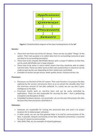 Figure 1: Simplified block diagram of the basic building blocks of the IoT
Sensors:
 These form the front end of the IoT devices. These are the so-called “Things” of the
system. Their main purpose is to collect data from its surroundings (sensors) or give
out data to its surrounding (actuators).
 These have to be uniquely identifiable devices with a unique IP address so that they
can be easily identifiable over a large network.
 These have to be active in nature which means that they should be able to collect
real-time data. These can either work on their own (autonomous in nature) or can be
made to work by the user depending on their needs (user-controlled).
 Examples of sensors are gas sensor, water quality sensor, moisture sensor, etc.
Processors:
 Processors are the brain of the IoT system. Their main function is to process the data
captured by the sensors and process them so as to extract the valuable data from
the enormous amount of raw data collected. In a word, we can say that it gives
intelligence to the data.
 Processors mostly work on real-time basis and can be easily controlled by
applications. These are also responsible for securing the data – that is performing
encryption and decryption of data.
 Embedded hardware devices, microcontroller, etc are the ones that process the data
because they have processors attached to it.
Gateways:
 Gateways are responsible for routing the processed data and send it to proper
locations for its (data) proper utilization.
 In other words, we can say that gateway helps in to and fro communication of the
data. It provides network connectivity to the data. Network connectivity is essential
for any IoT system to communicate.
 LAN, WAN, PAN, etc are examples of network gateways.
 