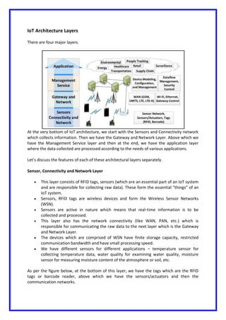 IoT Architecture Layers
There are four major layers.
At the very bottom of IoT architecture, we start with the Sensors and Connectivity network
which collects information. Then we have the Gateway and Network Layer. Above which we
have the Management Service layer and then at the end, we have the application layer
where the data collected are processed according to the needs of various applications.
Let’s discuss the features of each of these architectural layers separately.
Sensor, Connectivity and Network Layer
 This layer consists of RFID tags, sensors (which are an essential part of an IoT system
and are responsible for collecting raw data). These form the essential “things” of an
IoT system.
 Sensors, RFID tags are wireless devices and form the Wireless Sensor Networks
(WSN).
 Sensors are active in nature which means that real-time information is to be
collected and processed.
 This layer also has the network connectivity (like WAN, PAN, etc.) which is
responsible for communicating the raw data to the next layer which is the Gateway
and Network Layer.
 The devices which are comprised of WSN have finite storage capacity, restricted
communication bandwidth and have small processing speed.
 We have different sensors for different applications – temperature sensor for
collecting temperature data, water quality for examining water quality, moisture
sensor for measuring moisture content of the atmosphere or soil, etc.
As per the figure below, at the bottom of this layer, we have the tags which are the RFID
tags or barcode reader, above which we have the sensors/actuators and then the
communication networks.
 