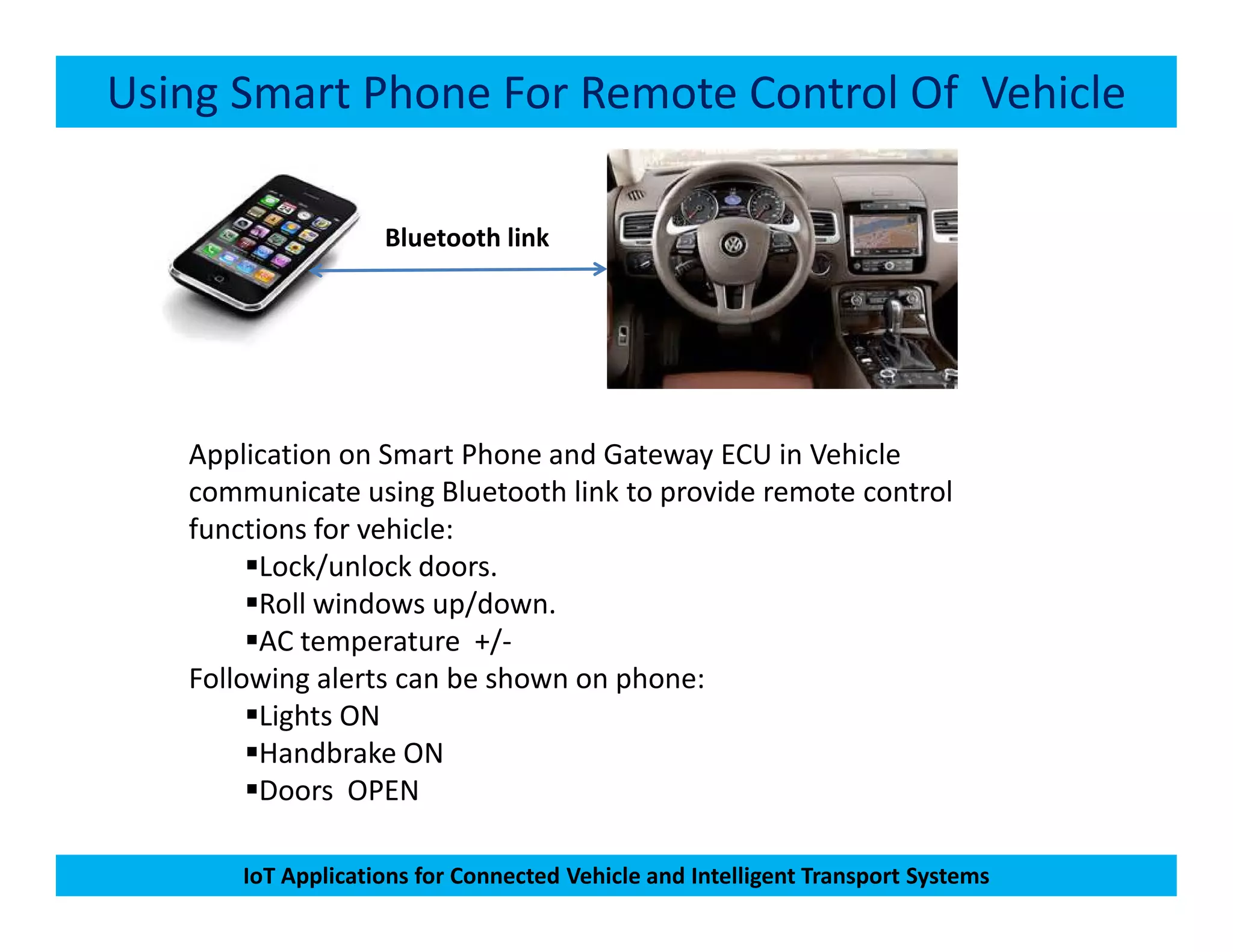 Using Smart Phone For Remote Control Of Vehicle
Bluetooth link
Application on Smart Phone and Gateway ECU in Vehicle
communicate using Bluetooth link to provide remote control
IoT Applications for Connected Vehicle and Intelligent Transport Systems
communicate using Bluetooth link to provide remote control
functions for vehicle:
Lock/unlock doors.
Roll windows up/down.
AC temperature +/-
Following alerts can be shown on phone:
Lights ON
Handbrake ON
Doors OPEN
 
