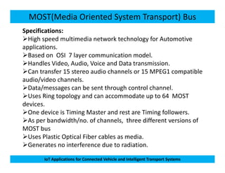 MOST(Media Oriented System Transport) Bus
Specifications:
High speed multimedia network technology for Automotive
applications.
Based on OSI 7 layer communication model.
Handles Video, Audio, Voice and Data transmission.
Can transfer 15 stereo audio channels or 15 MPEG1 compatible
audio/video channels.
Data/messages can be sent through control channel.
IoT Applications for Connected Vehicle and Intelligent Transport Systems
Data/messages can be sent through control channel.
Uses Ring topology and can accommodate up to 64 MOST
devices.
One device is Timing Master and rest are Timing followers.
As per bandwidth/no. of channels, three different versions of
MOST bus
Uses Plastic Optical Fiber cables as media.
Generates no interference due to radiation.
 
