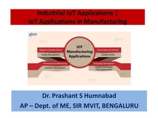 Industrial IoT Applications |
IoT Applications in Manufacturing
Dr. Prashant S Humnabad
AP – Dept. of ME, SIR MVIT, BENGALURU
 