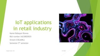 IoT applications
in retail industry
Name-Debayan Biswas
Roll number-34230820025
Stream-CSE(AIML)
Semester-7th semester
8/9/2023
Sample Footer Text 1
 