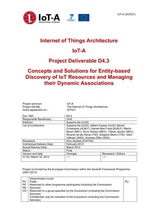 IoT-A (257521) 
Internet of Things Architecture 
IoT-A 
Project Deliverable D4.3 
Concepts and Solutions for Entity-based Discovery of IoT Resources and Managing their Dynamic Associations 
Project acronym: 
IoT-A 
Project full title: 
The Internet of Things Architecture 
Grant agreement no.: 
257521 
Doc. Ref.: 
D4.3 
Responsible Beneficiary : 
UniS 
Editor(s): 
Suparna De (UniS) 
List of contributors: 
Suparna De (UniS), Gilbert Cassar (UniS), Benoit Christophe (ALBLF), Sameh Ben Fredj (ALBLF), Martin Bauer (NEC), Nuno Santos (NEC), Tobias Jacobs (NEC), Ricardo de las Heras (TID), Gregorio Martín (TID), Gerd Völksen (SAG), Andreas Ziller (SAG) 
Reviewers: 
Ebru Zeybek (CATTID) 
Contractual Delivery Date: 
February 2012 
Actual Delivery Date: 
March 2012 
Status: 
Final 
Version and date 
Changes 
Reviewers / Editors 
V1.02, March 16, 2012 
- / - 
- / - 
Project co-funded by the European Commission within the Seventh Framework Programme (2007-2013) 
PU PP RE CO 
Dissemination Level 
Public 
Restricted to other programme participants (including the Commission Services) 
Restricted to a group specified by the Consortium (including the Commission Services) 
Confidential, only for members of the Consortium (including the Commission Services) 
PU 
 