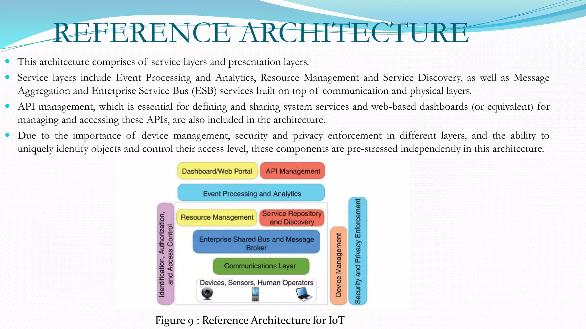 REFERENCE ARCHITECTURE
 This architecture comprises of service layers and presentation layers.
 Service layers include Event Processing and Analytics, Resource Management and Service Discovery, as well as Message
Aggregation and Enterprise Service Bus (ESB) services built on top of communication and physical layers.
 API management, which is essential for defining and sharing system services and web-based dashboards (or equivalent) for
managing and accessing these APIs, are also included in the architecture.
 Due to the importance of device management, security and privacy enforcement in different layers, and the ability to
uniquely identify objects and control their access level, these components are pre-stressed independently in this architecture.
Figure 9 : Reference Architecture for IoT
 