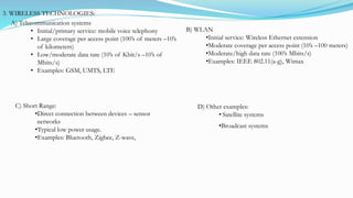 C) Short Range:
•Direct connection between devices – sensor
networks
•Typical low power usage.
•Examples: Bluetooth, Zigbee, Z-wave,
•Broadcast systems
D) Other examples:
• Satellite systems
3. WIRELESS TECHNOLOGIES:
B) WLAN
•Initial service: Wireless Ethernet extension
•Moderate coverage per access point (10’s –100 meters)
•Moderate/high data rate (100’s Mbits/s)
•Examples: IEEE 802.11(a-g), Wimax
A) Telecommunication systems
• Initial/primary service: mobile voice telephony
• Large coverage per access point (100’s of meters –10’s
of kilometers)
• Low/moderate data rate (10’s of Kbit/s –10’s of
Mbits/s)
• Examples: GSM, UMTS, LTE
 