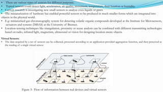Virtual Sensors:
• The data acquired by a set of sensors can be collected, processed according to an application-provided aggregation function, and then perceived as
the reading of a single virtual sensor.
Figure 3: Flow of information between real devices and virtual sensors
• There are various types of sensors for different purposes.
• Typical sensors could detect light, acceleration, air quality, movement, temperature, their location or humidity.
• Current research is investigating new small sensors to analyze even liquids or gases.
• The miniaturization of hardware has enabled powerful sensors to be produced in much smaller forms which are integrated into
objects in the physical world.
• E.g: miniaturised gas chromatography system for detecting volatile organic compounds developed at the Institute for Microsensors,
-actuators and systems (IMSAS) at the University of Bremen.
• Location-sensing techniques like triangulation, proximity or scene analysis can be combined with different transmitting technologies
based on radio, infrared light, magnetism, ultrasound or vision for designing location-aware objects.
 