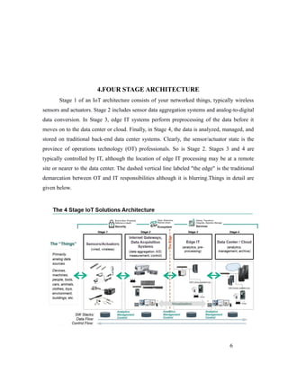4.FOUR STAGE ARCHITECTURE
Stage 1 of an IoT architecture consists of your networked things, typically wireless
sensors and actuators. Stage 2 includes sensor data aggregation systems and analog-to-digital
data conversion. In Stage 3, edge IT systems perform preprocessing of the data before it
moves on to the data center or cloud. Finally, in Stage 4, the data is analyzed, managed, and
stored on traditional back-end data center systems. Clearly, the sensor/actuator state is the
province of operations technology (OT) professionals. So is Stage 2. Stages 3 and 4 are
typically controlled by IT, although the location of edge IT processing may be at a remote
site or nearer to the data center. The dashed vertical line labeled "the edge" is the traditional
demarcation between OT and IT responsibilities although it is blurring.Things in detail are
given below.
6
 