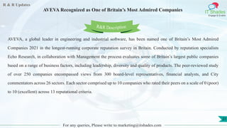 R & R Updates
IT Shades
Engage & Enable
AVEVA Recognized as One of Britain’s Most Admired Companies
For any queries, Please write to marketing@itshades.com
21
AVEVA, a global leader in engineering and industrial software, has been named one of Britain’s Most Admired
Companies 2021 in the longest-running corporate reputation survey in Britain. Conducted by reputation specialists
Echo Research, in collaboration with Management the process evaluates some of Britain’s largest public companies
based on a range of business factors, including leadership, diversity and quality of products. The peer-reviewed study
of over 250 companies encompassed views from 300 board-level representatives, financial analysts, and City
commentators across 26 sectors. Each sector comprised up to 10 companies who rated their peers on a scale of 0 (poor)
to 10 (excellent) across 13 reputational criteria.
R&R Description
 