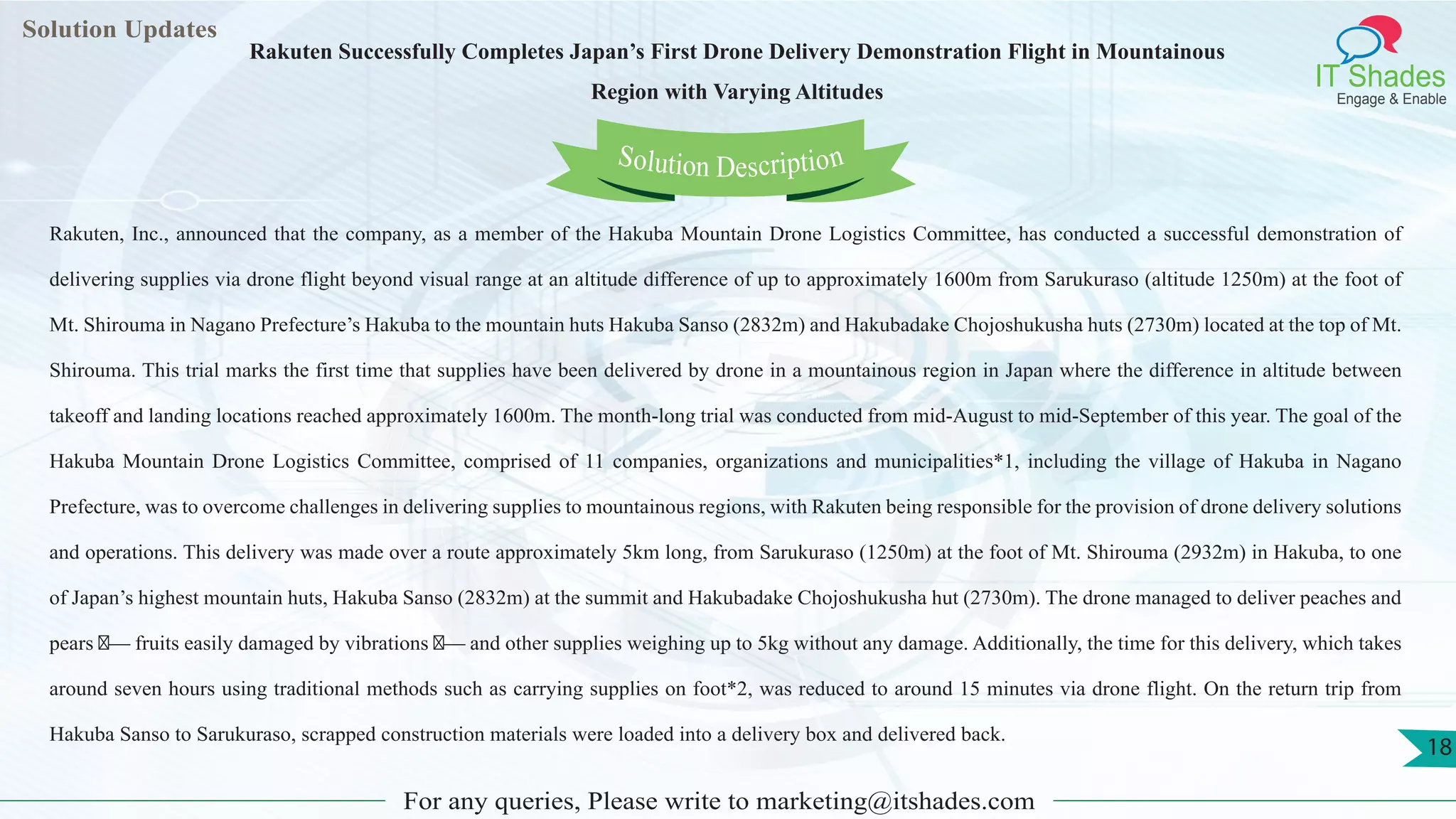 Lorem
ipsum dolor sit
amet, consectetuer
adipiscing elit, sed diam
nonummy
nib
Solution Updates
IT Shades
Engage & Enable
Rakuten Successfully Completes Japan’s First Drone Delivery Demonstration Flight in Mountainous
Region with Varying Altitudes
For any queries, Please write to marketing@itshades.com
18
Solution Description
Rakuten, Inc., announced that the company, as a member of the Hakuba Mountain Drone Logistics Committee, has conducted a successful demonstration of
delivering supplies via drone flight beyond visual range at an altitude difference of up to approximately 1600m from Sarukuraso (altitude 1250m) at the foot of
Mt. Shirouma in Nagano Prefecture’s Hakuba to the mountain huts Hakuba Sanso (2832m) and Hakubadake Chojoshukusha huts (2730m) located at the top of Mt.
Shirouma. This trial marks the first time that supplies have been delivered by drone in a mountainous region in Japan where the difference in altitude between
takeoff and landing locations reached approximately 1600m. The month-long trial was conducted from mid-August to mid-September of this year. The goal of the
Hakuba Mountain Drone Logistics Committee, comprised of 11 companies, organizations and municipalities*1, including the village of Hakuba in Nagano
Prefecture, was to overcome challenges in delivering supplies to mountainous regions, with Rakuten being responsible for the provision of drone delivery solutions
and operations. This delivery was made over a route approximately 5km long, from Sarukuraso (1250m) at the foot of Mt. Shirouma (2932m) in Hakuba, to one
of Japan’s highest mountain huts, Hakuba Sanso (2832m) at the summit and Hakubadake Chojoshukusha hut (2730m). The drone managed to deliver peaches and
pears — fruits easily damaged by vibrations — and other supplies weighing up to 5kg without any damage. Additionally, the time for this delivery, which takes
around seven hours using traditional methods such as carrying supplies on foot*2, was reduced to around 15 minutes via drone flight. On the return trip from
Hakuba Sanso to Sarukuraso, scrapped construction materials were loaded into a delivery box and delivered back.
 