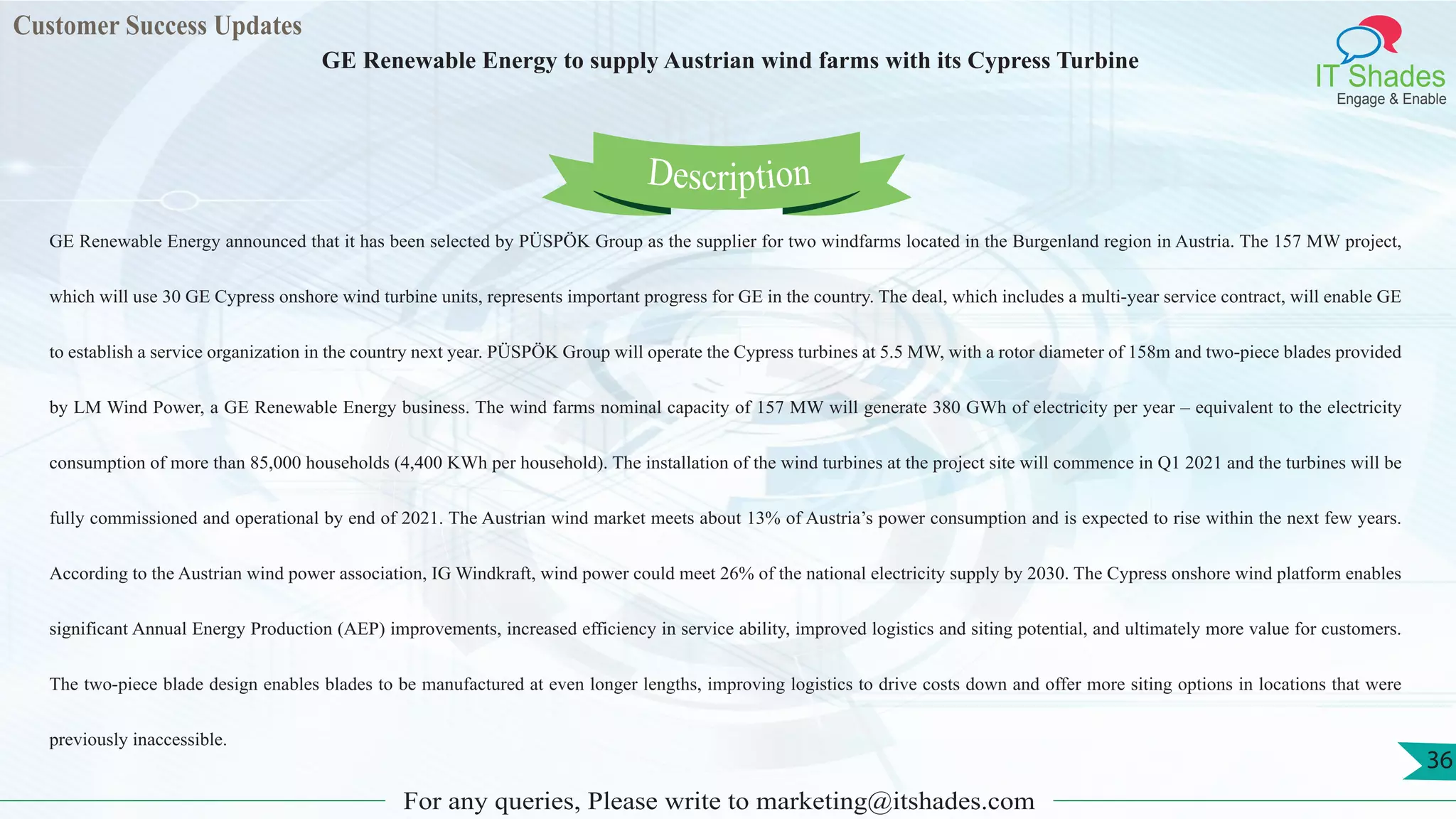 Customer Success Updates
IT Shades
Engage & Enable
GE Renewable Energy to supply Austrian wind farms with its Cypress Turbine
For any queries, Please write to marketing@itshades.com
36
GE Renewable Energy announced that it has been selected by PÜSPÖK Group as the supplier for two windfarms located in the Burgenland region in Austria. The 157 MW project,
which will use 30 GE Cypress onshore wind turbine units, represents important progress for GE in the country. The deal, which includes a multi-year service contract, will enable GE
to establish a service organization in the country next year. PÜSPÖK Group will operate the Cypress turbines at 5.5 MW, with a rotor diameter of 158m and two-piece blades provided
by LM Wind Power, a GE Renewable Energy business. The wind farms nominal capacity of 157 MW will generate 380 GWh of electricity per year – equivalent to the electricity
consumption of more than 85,000 households (4,400 KWh per household). The installation of the wind turbines at the project site will commence in Q1 2021 and the turbines will be
fully commissioned and operational by end of 2021. The Austrian wind market meets about 13% of Austria’s power consumption and is expected to rise within the next few years.
According to the Austrian wind power association, IG Windkraft, wind power could meet 26% of the national electricity supply by 2030. The Cypress onshore wind platform enables
significant Annual Energy Production (AEP) improvements, increased efficiency in service ability, improved logistics and siting potential, and ultimately more value for customers.
The two-piece blade design enables blades to be manufactured at even longer lengths, improving logistics to drive costs down and offer more siting options in locations that were
previously inaccessible.
Description
 