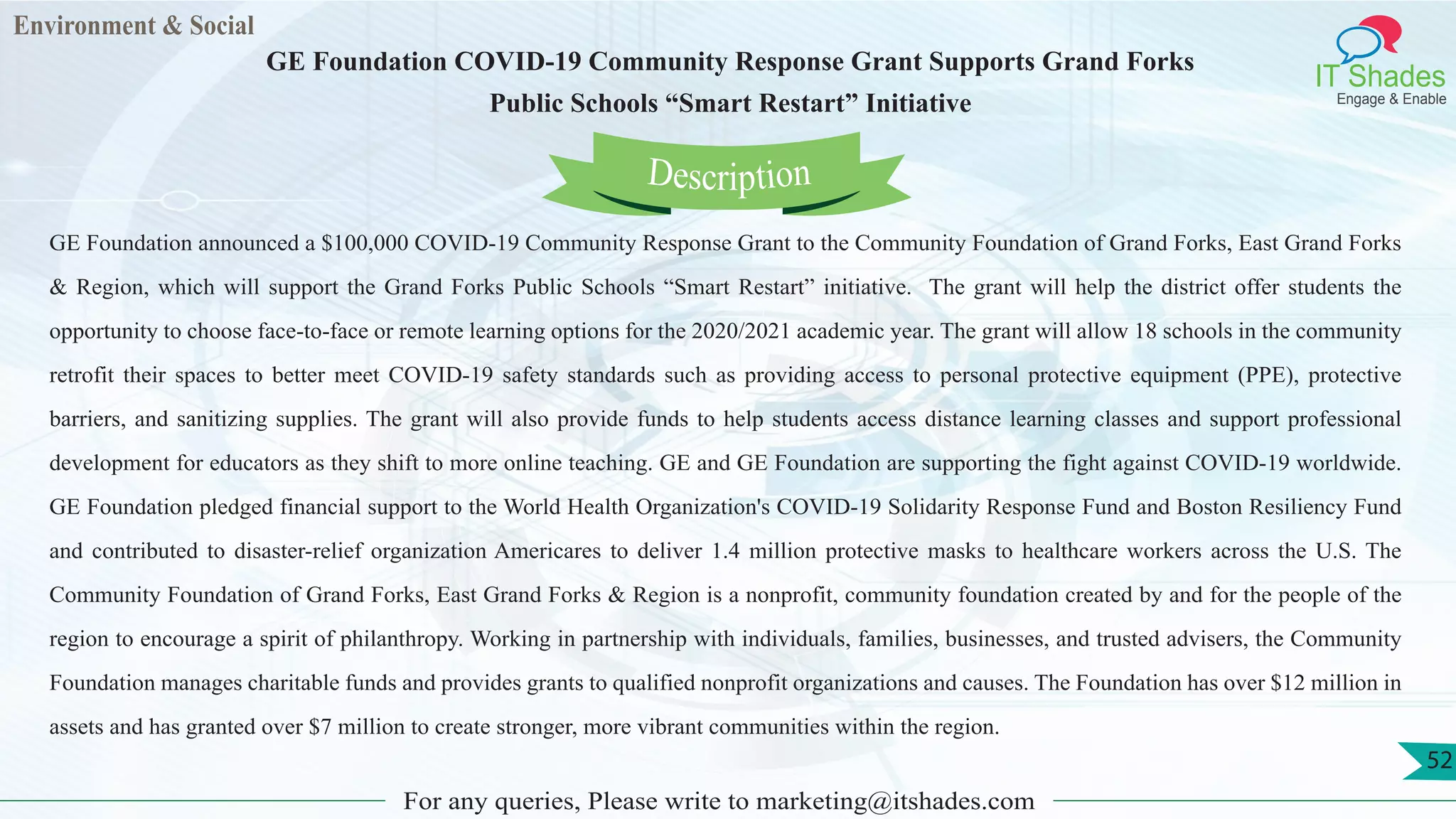 Environment & Social
IT Shades
Engage & Enable
GE Foundation COVID-19 Community Response Grant Supports Grand Forks
Public Schools “Smart Restart” Initiative
For any queries, Please write to marketing@itshades.com
52
GE Foundation announced a $100,000 COVID-19 Community Response Grant to the Community Foundation of Grand Forks, East Grand Forks
& Region, which will support the Grand Forks Public Schools “Smart Restart” initiative. The grant will help the district offer students the
opportunity to choose face-to-face or remote learning options for the 2020/2021 academic year. The grant will allow 18 schools in the community
retrofit their spaces to better meet COVID-19 safety standards such as providing access to personal protective equipment (PPE), protective
barriers, and sanitizing supplies. The grant will also provide funds to help students access distance learning classes and support professional
development for educators as they shift to more online teaching. GE and GE Foundation are supporting the fight against COVID-19 worldwide.
GE Foundation pledged financial support to the World Health Organization's COVID-19 Solidarity Response Fund and Boston Resiliency Fund
and contributed to disaster-relief organization Americares to deliver 1.4 million protective masks to healthcare workers across the U.S. The
Community Foundation of Grand Forks, East Grand Forks & Region is a nonprofit, community foundation created by and for the people of the
region to encourage a spirit of philanthropy. Working in partnership with individuals, families, businesses, and trusted advisers, the Community
Foundation manages charitable funds and provides grants to qualified nonprofit organizations and causes. The Foundation has over $12 million in
assets and has granted over $7 million to create stronger, more vibrant communities within the region.
Description
 