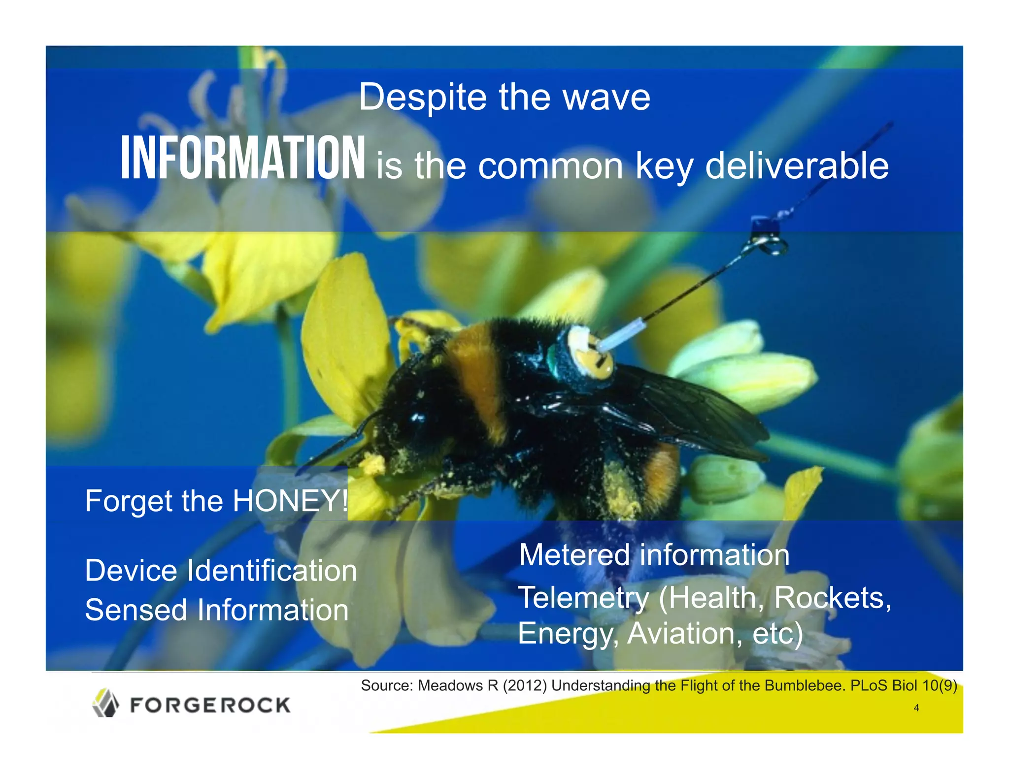 4 
Despite the wave 
Information is the common key deliverable 
Telemetry (Health, Rockets, 
Energy, Aviation, etc) 
Device Identification 
Sensed Information 
Metered information 
Forget the HONEY! 
Source: Meadows R (2012) Understanding the Flight of the Bumblebee. PLoS Biol 10(9) 
 