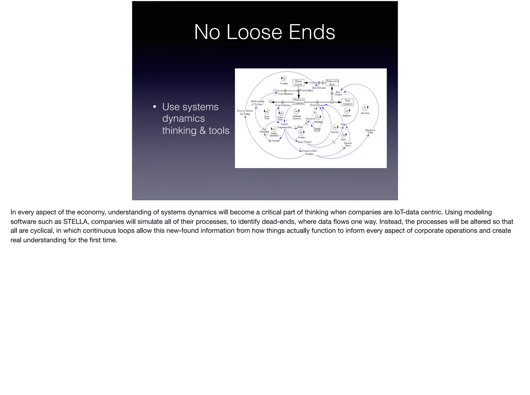 No Loose Ends
• Use systems  
dynamics  
thinking & tools
In every aspect of the economy, understanding of systems dynamics will become a critical part of thinking when companies are IoT-data centric. Using modeling
software such as STELLA, companies will simulate all of their processes, to identify dead-ends, where data ﬂows one way. Instead, the processes will be altered so that
all are cyclical, in which continuous loops allow this new-found information from how things actually function to inform every aspect of corporate operations and create
real understanding for the ﬁrst time.
 