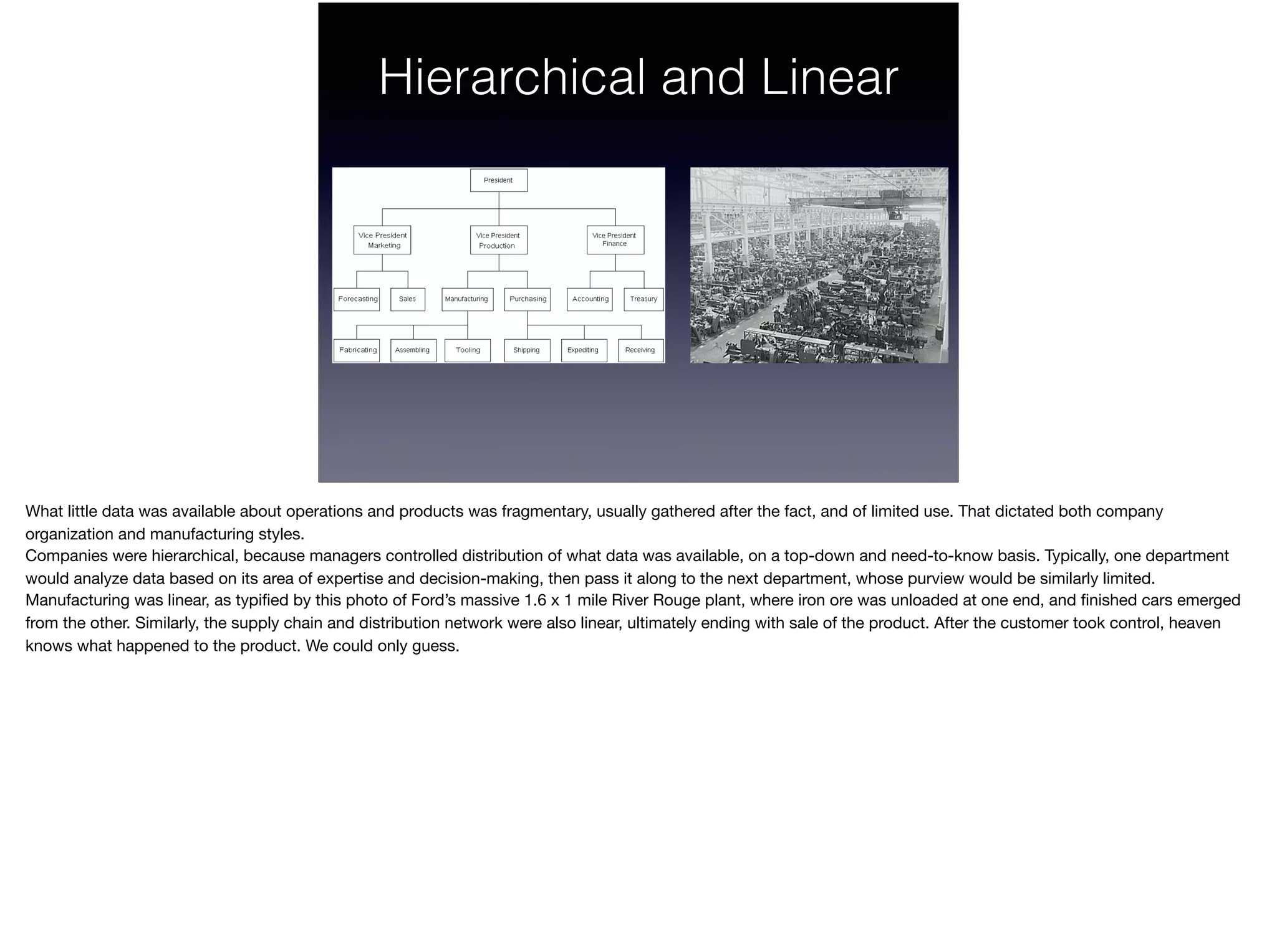 Hierarchical and Linear
What little data was available about operations and products was fragmentary, usually gathered after the fact, and of limited use. That dictated both company
organization and manufacturing styles.

Companies were hierarchical, because managers controlled distribution of what data was available, on a top-down and need-to-know basis. Typically, one department
would analyze data based on its area of expertise and decision-making, then pass it along to the next department, whose purview would be similarly limited.

Manufacturing was linear, as typiﬁed by this photo of Ford’s massive 1.6 x 1 mile River Rouge plant, where iron ore was unloaded at one end, and ﬁnished cars emerged
from the other. Similarly, the supply chain and distribution network were also linear, ultimately ending with sale of the product. After the customer took control, heaven
knows what happened to the product. We could only guess.
 