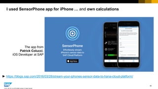 50
© 2017 SAP SE or an SAP affiliate company. All rights reserved.
I used SensorPhone app for iPhone … and own calculations
► https://blogs.sap.com/2016/03/28/stream-your-iphones-sensor-data-to-hana-cloud-platform/
The app from
Patrick Colucci,
iOS Developer at SAP
 