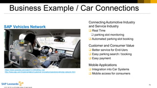73
© 2017 SAP SE or an SAP affiliate company. All rights reserved.
Business Example / Car Connections
SAP Vehicles Network
https://www.youtube.com/watch?v=cWo4lDa_1uw
http://hana.sap.com/implementation/customer-innovation/solutions/vehicles-network.html
Connecting Automotive Industry
and Service Industry
 Real Time
 parking slot monitoring
 Automated parking slot booking
Customer and Consumer Value
 Better service for End-Uers
 Easy parking search / booking
 Easy payment
Mobile Applications
 Integration into Car Systems
 Mobile access for consumers
 
