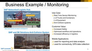 74
© 2017 SAP SE or an SAP affiliate company. All rights reserved.
Business Example / Monitoring
SAP Networked Logistic Hub
Use Case
 Real Time Sensor Monitoring
 of Trucks and Containers
 of Equipment
 Anti-Collision systems
Customer Value
 Increased Safety
 Optimized workflow and operations
 Increased efficiency in logistics
Mobile Applications
 used for reporting and data analysis
 used for connectivity, GPS data collection
https://www.youtube.com/watch?v=zKZDgsni0Y4
https://www.youtube.com/watch?v=J45uSpBmVqo
SAP and SK Solutions Anti-Collision System
 