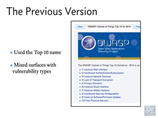 The Previous Version
๏ Used the Top 10 name 
๏ Mixed surfaces with
vulnerability types
 