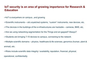 IoT security is an area of growing importance for Research &
Education
->IoT is everywhere on campus...and growing
->Scientific instruments – old unpatched systems, “custom” instruments, new devices, etc.
->The devices in the buildings of the e-infrastructures are hackable – cameras, BMS, etc.
->Are we using networking segmentation for the Things and air-gapped? Always?
->Students are bringing 7-10 devices to campus, connecting to the network
->Multiple scientific domains – physics, healthcare & life sciences, genomics (human, plant &
animal), etc.
->Risks include scientific data integrity / availability, reputation, financial, physical,
operational, confidentiality
 