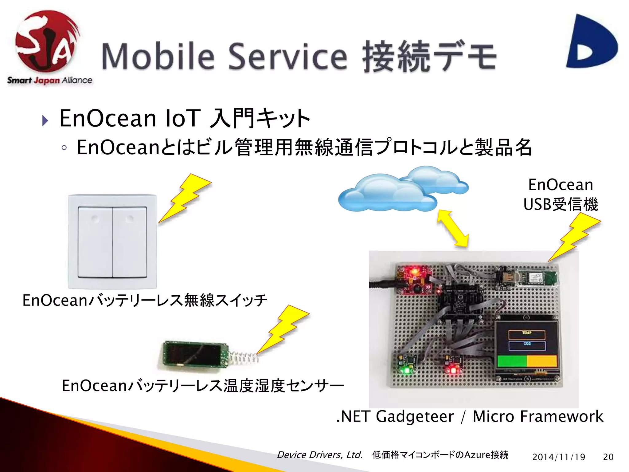  EnOcean IoT 入門キット 
◦ EnOceanとはビル管理用無線通信プロトコルと製品名 
.NET Gadgeteer / Micro Framework 
Device Drivers, Ltd. 低価格マイコンボードのAzure接続 
2014/11/19 20 
EnOceanバッテリーレス無線スイッチ 
EnOceanバッテリーレス温度湿度センサー 
EnOcean 
USB受信機 
 