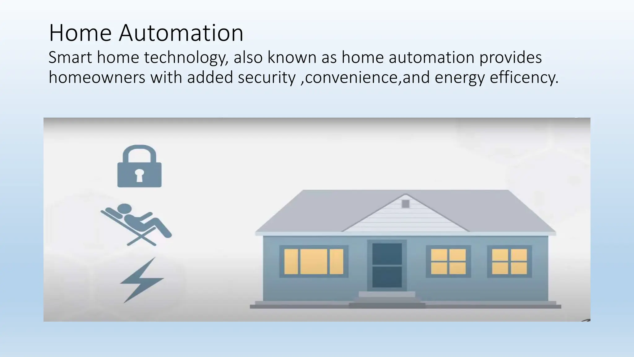 Home Automation
Smart home technology, also known as home automation provides
homeowners with added security ,convenience,and energy efficency.
 