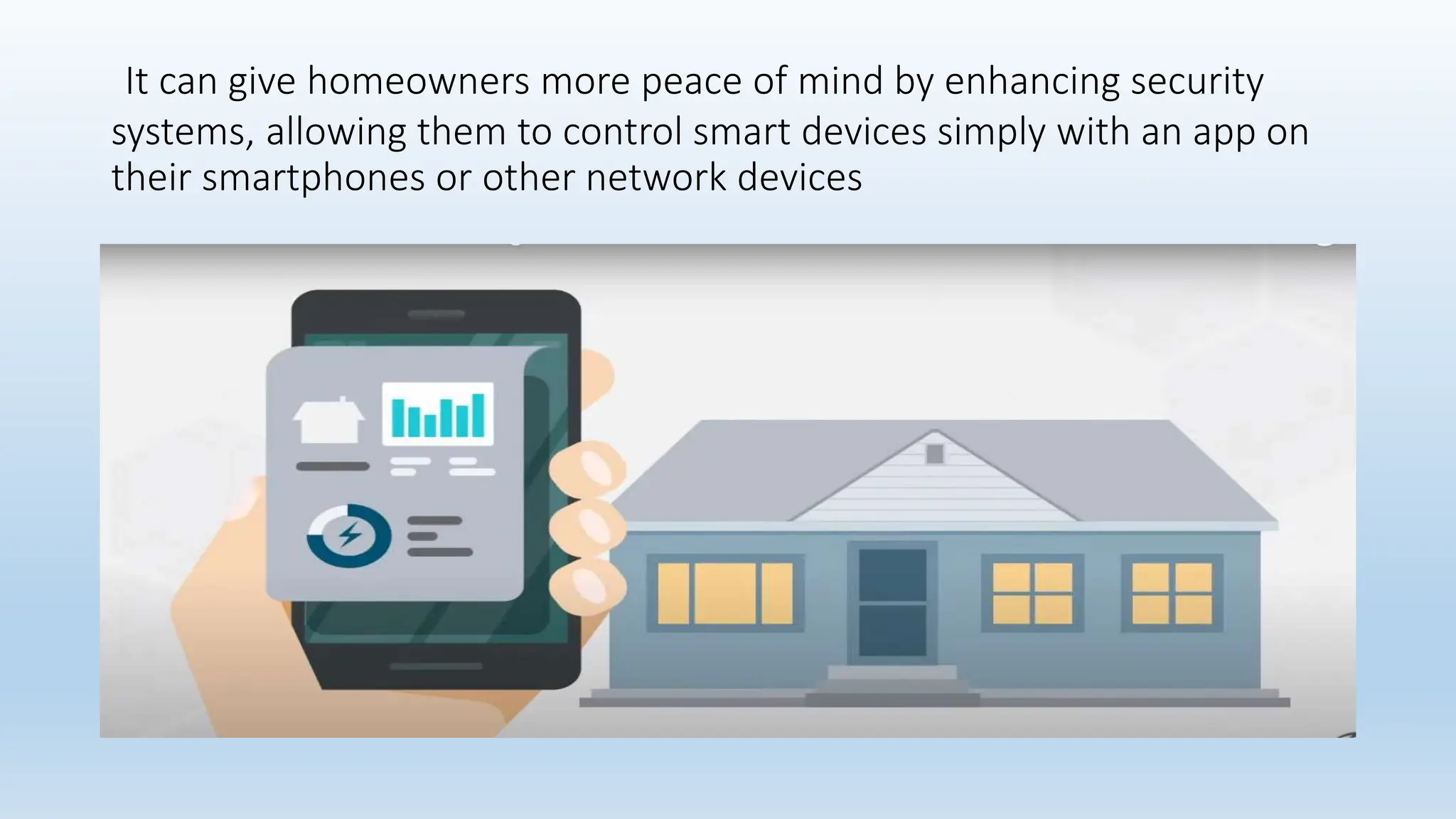It can give homeowners more peace of mind by enhancing security
systems, allowing them to control smart devices simply with an app on
their smartphones or other network devices
 