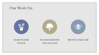 Our Work On
SMART WATER
SYSTEM
WEATHER REPORT
AND ANALYSIS
PROTECT AND CARE
 