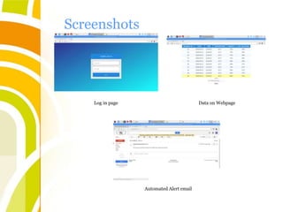 Screenshots
Data on WebpageLog in page
Automated Alert email
 
