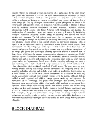 situation, the IoT has appeared to be an empowering set of technologies for the smart energy
grid system with substantial perspective due to its multi-dimensional advantages in various
sectors. The IoT integration introduces extra precision and competence by the means of
intelligent and proactive features and converts the traditional legacy power grid into an efficient
smart energy grid. The big challenges of conventional power grid system are related to the
power quality and reliability, which can be resolved with the assistance of Internet of Things
(IoT) by providing enhanced management of these challenges. Advanced Metering
Infrastructure (AMI) assisted with Smart Metering (SM) technologies can facilitate the
transformation of conventional power grid system to a smart grid system by introducing
intelligent information processing features during the electricity flow between the service
provider and consumers. The IoT delivers great prospective for improving and governing
energy consumption through the incorporation of sensing and actuation systems in the AMI.
This integrated system gathers a huge amount of data and information regarding different
aspects of the grid system such as energy consumption, voltage reading, current reading, phase
measurement, etc. The cutting-edge technologies of IoT can trim down those huge data,
transmit and process those data in an intelligent manner to achieve effective management of
the energy grid system. IoT technologies can bring significant impacts in numerous field of
Smart Energy grid System that includes power generation infrastructure management, SCADA
connected system for managing transmission and distribution operation, advanced metering
infrastructure, carbon footprint and environmental monitoring, smart home and smart building
system and so on. Fog computing based advanced edge computing technology can ensure a
local monitoring and control of distributed energy resources and may provide solutions to the
cyber vulnerabilities of the traditional centralized SCADA system. The smart home and smart
building integrate sensing, data storage, network adaptability, and computing abilities into a
household or building elements such as bulb, power outlet, air conditioner, door, window, gas
& smoke detector etc. As a result, these elements can be connected in a network via which they
can be accessed and controlled from a remote location over the internet. Although IoT has
enabled a much improved and efficient energy system monitoring and operation, the
deployment of IoT technology also poses some challenges. For example, within IoT
framework, cyber-adversaries can initiate cyber-attacks which can bring severe damage like a
significant power outage, social security threats, and massive business loss for the utility
providers and less severe damages like localize outage or physical damage on consumer end
devices. IoT based security vulnerabilities include manipulating energy data analysis, energy
theft, interrupting the process of transactive energy system and energy market. Potential
technologies such as blockchain mechanism, machine learning and artificial intelligence, can
be used to encounter those challenges as well as operate the Smart Energy Grid system more
efficiently.
BLOCK DIAGRAM
 