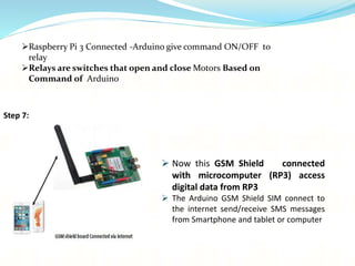Step 7:
Raspberry Pi 3 Connected -Arduino give command ON/OFF to
relay
Relays are switches that open and close Motors Based on
Command of Arduino
 Now this GSM Shield connected
with microcomputer (RP3) access
digital data from RP3
 The Arduino GSM Shield SIM connect to
the internet send/receive SMS messages
from Smartphone and tablet or computer
 