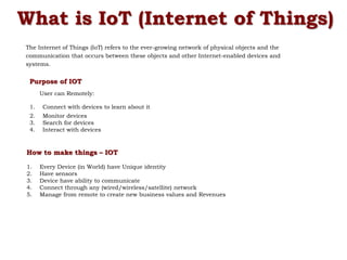 Purpose of IOT
User can Remotely:
1. Connect with devices to learn about it
2. Monitor devices
3. Search for devices
4. Interact with devices
How to make things – IOT
1. Every Device (in World) have Unique identity
2. Have sensors
3. Device have ability to communicate
4. Connect through any (wired/wireless/satellite) network
5. Manage from remote to create new business values and Revenues
The Internet of Things (IoT) refers to the ever-growing network of physical objects and the
communication that occurs between these objects and other Internet-enabled devices and
systems.
What is IoT (Internet of Things)
 
