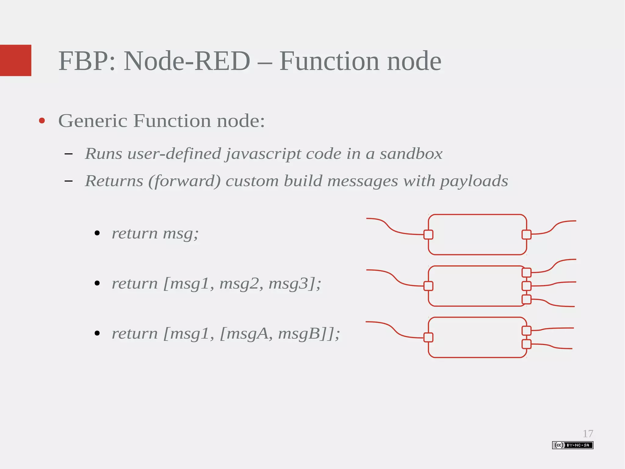 17 FBP: Node-RED – Function node ● Generic Function node: – Runs user-defined javascript code in a sandbox – Returns (forward) custom build messages with payloads ● return msg; ● return [msg1, msg2, msg3]; ● return [msg1, [msgA, msgB]]; 
