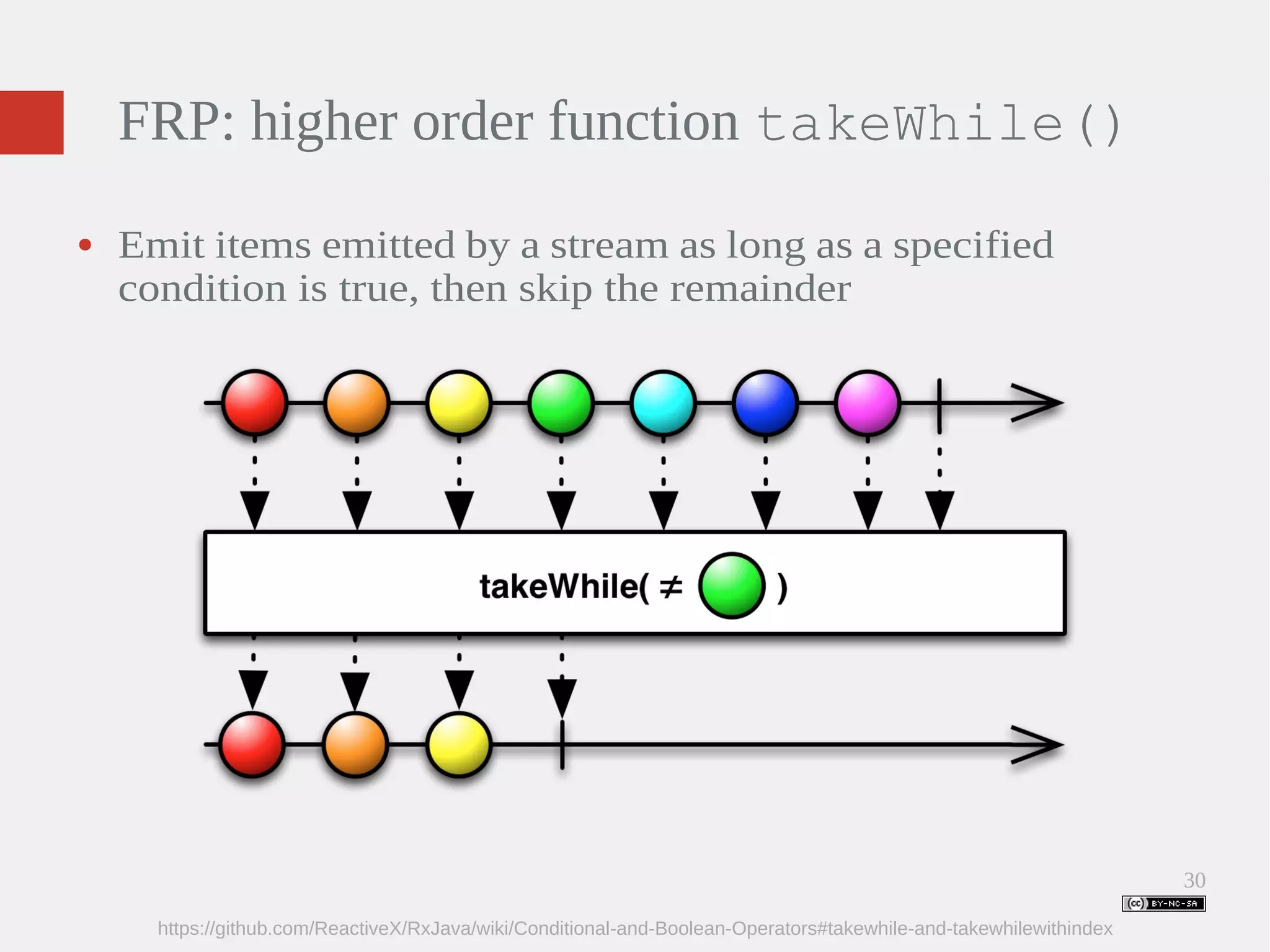 30 FRP: higher order function takeWhile() ● Emit items emitted by a stream as long as a specified condition is true, then skip the remainder https://github.com/ReactiveX/RxJava/wiki/Conditional-and-Boolean-Operators#takewhile-and-takewhilewithindex 