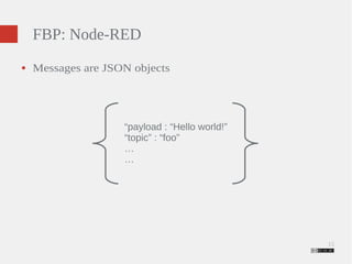 15 
FBP: Node-RED 
● Messages are JSON objects 
“payload : “Hello world!” 
“topic” : “foo” 
…… 
 