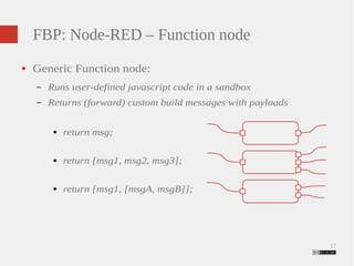 17 
FBP: Node-RED – Function node 
● Generic Function node: 
– Runs user-defined javascript code in a sandbox 
– Returns (forward) custom build messages with payloads 
● return msg; 
● return [msg1, msg2, msg3]; 
● return [msg1, [msgA, msgB]]; 
 