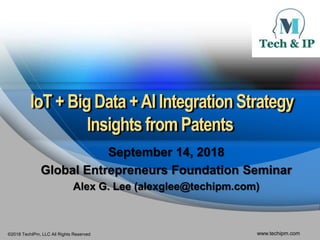 ©2018 TechIPm, LLC All Rights Reserved www.techipm.com
IoT + Big Data +AI IntegrationStrategy
Insightsfrom Patents
September 14, 2018
Global Entrepreneurs Foundation Seminar
Alex G. Lee (alexglee@techipm.com)
 