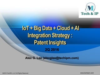 ©2016 TechIPm, LLC All Rights Reserved www.techipm.com
IoT + Big Data + Cloud +AI
IntegrationStrategy :
Patent Insights
2Q 2016
Alex G. Lee (alexglee@techipm.com)
 