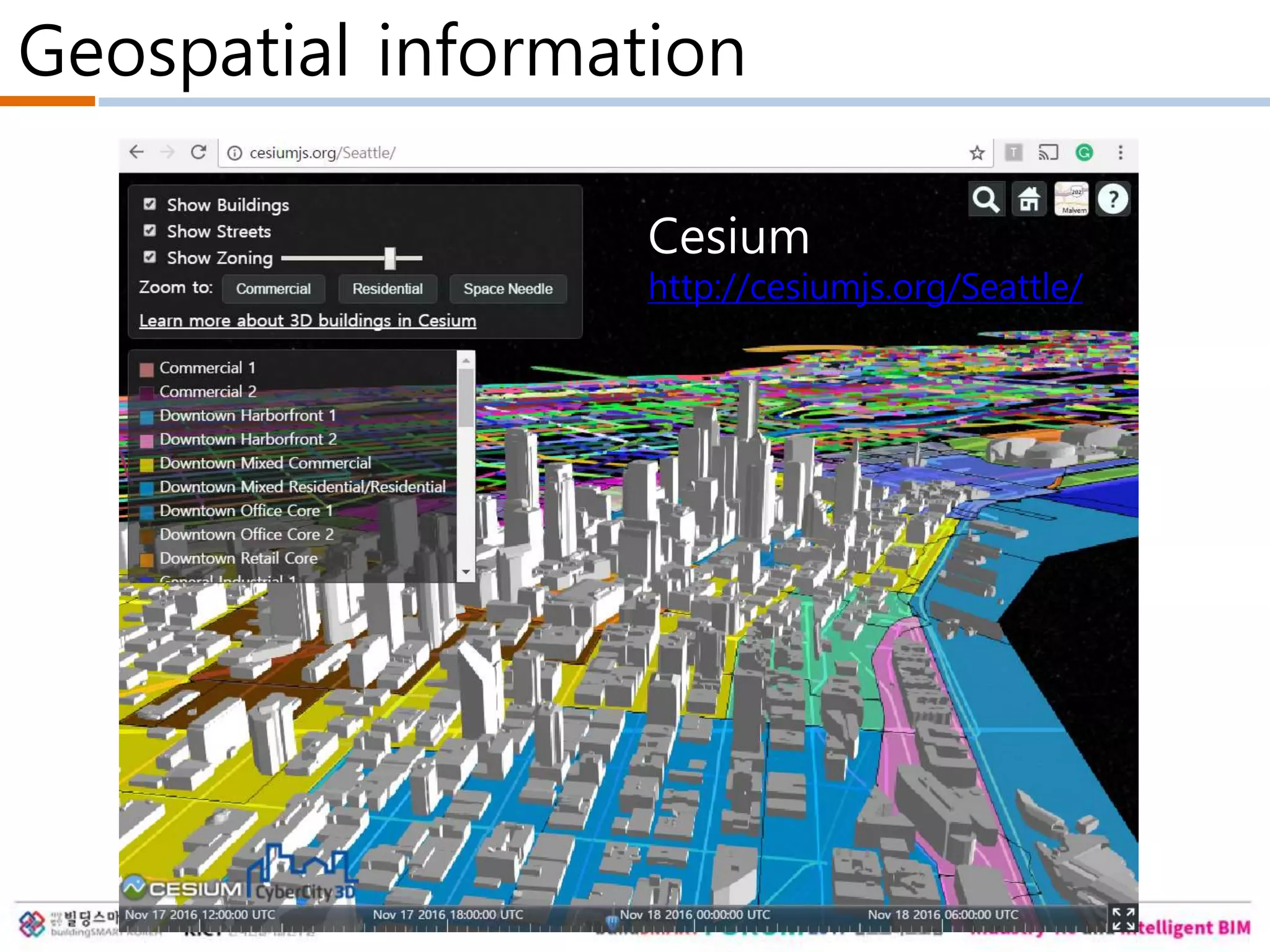 Cesium
http://cesiumjs.org/Seattle/
Geospatial information
 