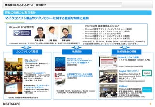 株式会社ネクストスケープ 会社紹介
弊社の技術力と取り組み
カンファレンス登壇
グローバルイベント
「QConTokyo」
「Azureが切り開く新時代のソフ
トウェア開発・設計」
（上坂 貴志）
執筆活動
Windows Azure
エンタープライズクラウドコン
ピューティング 実践ガイド
(日経BP社)
青木 淳夫
技術勉強会の開催
NSStudy
Cogbot コミュニティ
Web媒体（@IT / CodeZine / Build Insider
/ InfoQ等）への寄稿が多数あります
上坂 貴志 吾郷 由知
Microsoft 認定資格エンジニア
• Microsoft認定アプリケーションデベロッパー(MCAD)
• Microsoft認定ソリューションデベロッパー(MCSD)
• Microsoft認定プロフェッショナル(MCP)
• Microsoft認定ソリューションアソシエイト(MCSA)
• Microsoft認定ソリューションエキスパート(MCSE)
Azureをはじめ、SQLServer、Windows Server、ActiveDirectory、WindowsOSな
どの認定資格を保持しているエンジニアが複数人在籍しております。
Schooオンライン授業
「ドメイン駆動設計（DDD）入門」
Cognitive Services と
Bot Framework を学び
楽しむコミュニティ
https://cogbot.connpass.com/
NSStudyは業界最前線で活
躍する講師を招き、最新技術
にふれて学べ、エンジニア同
士交流ができるIT勉強会
https://nsstudy.connpass.com/
https://schoo.jp/class/3626
Microsoft「de:code2017」
「MRは表現が命！HoloLensのMR
機能を最大限に生かしたコンテンツ
制作ノウハウと事例紹介」
（岩本 義智、上坂 貴志）
人工知能アプリケーション総覧
国内外の最新50事例を完全網羅
(日経BP社)
東洋経済新報社「カスタマー・デー
タ・アナリティクス2015」
「事例から見る、顧客の嗜好を掴む
行動履歴とレコメンデーション」
（青木 淳夫）
その他、各種登壇実績が多数あります
Microsoft MVP受賞者
※Microsoft MVPとは、マイクロソフトが個人の活動を評価する、全世界で行われる表彰制度です
マイクロソフト製品やテクノロジーに関する豊富な知識と経験
6
 