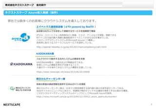 株式会社ネクストスケープ 会社紹介
ネクストスケープ Azure導入実績（抜粋）
KADOKAWA様
朝日カルチャーセンター様
http://special.nikkeibp.co.jp/as/201207/mpncompetency/cs01.html
KADOKAWA様は、出版社および映画会社である。
新規システムの構築を弊社が支援することで、
大量のデータを操作できるシステムの構築を支援している。
多数の教室の講座情報を提供するWebサイトを構築
朝日カルチャーセンター様は、日本で13教室展開する国内最大級の生涯学習センターである。
Webサイトのリニューアルにあたり、受講者の嗜好がマッチする講座を検索できる仕組みを構築。
このデジタルマーケティングシステムのインフラとしてMicrosoft Azureを採用。
エイベックス通信放送様（ｄTV powerd by BeeTV ）
dTVは、スマートフォン利用者向けに映画、ドラマ、アニメなどを閲覧・視聴できる
NTTドコモの国内最大規模の動画配信サイトとして大きな注目を集めている。
このバックグラウンドシステムをMicrosoft Azureにて構築し、
高負荷に耐えうるスケーラブルなサービスを提供している。
会員数500万人でも安定して稼働するサービスを短期間で構築
フルクラウドで動作する社内システムの構築を支援
弊社では数多くのお客様にクラウドシステムを導入しております。
https://www.nextscape.net/news/2015/06/20150608
https://news.microsoft.com/ja-jp/2015/04/22/150422_azure_asahiculturecenter/
7
 