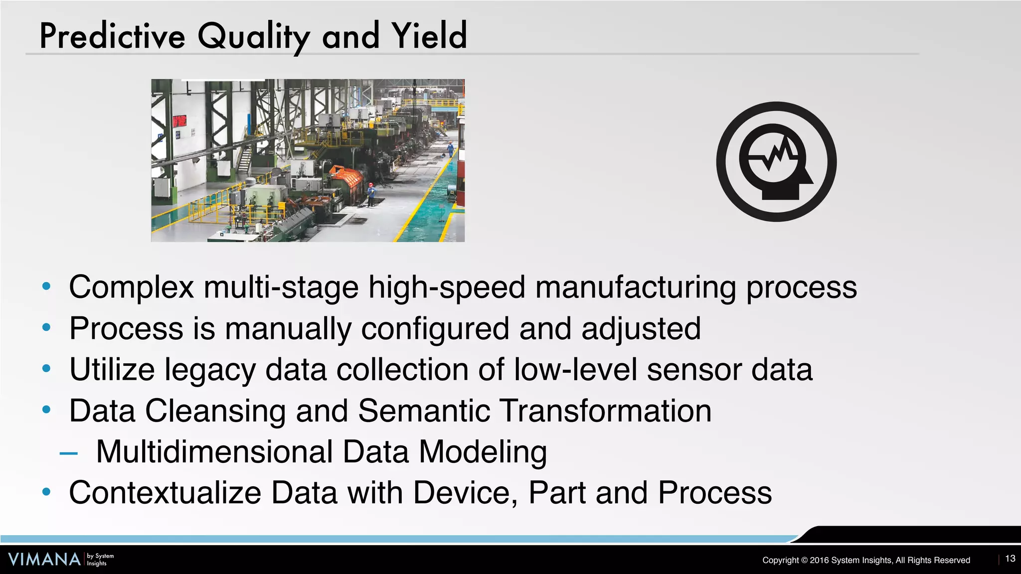 VIMANA by System
Insights Copyright © 2016 System Insights, All Rights Reserved
Predictive Quality and Yield
13
• Complex multi-stage high-speed manufacturing process
• Process is manually configured and adjusted
• Utilize legacy data collection of low-level sensor data
• Data Cleansing and Semantic Transformation
– Multidimensional Data Modeling
• Contextualize Data with Device, Part and Process
 