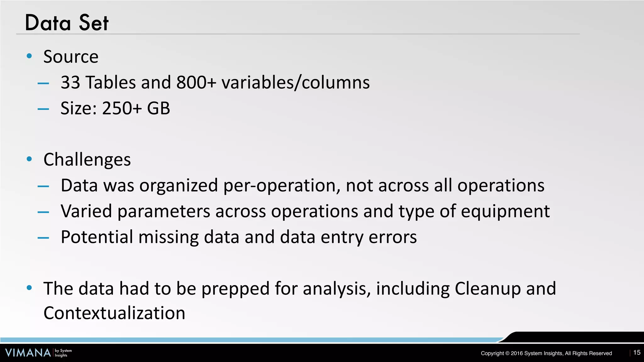 VIMANA by System
Insights Copyright © 2016 System Insights, All Rights Reserved
Data Set
15
• Source	
– 33	Tables	and	800+	variables/columns	
– Size:	250+	GB	
• Challenges	
– Data	was	organized	per-operation,	not	across	all	operations	
– Varied	parameters	across	operations	and	type	of	equipment	
– Potential	missing	data	and	data	entry	errors	
• The	data	had	to	be	prepped	for	analysis,	including	Cleanup	and	
Contextualization
 
