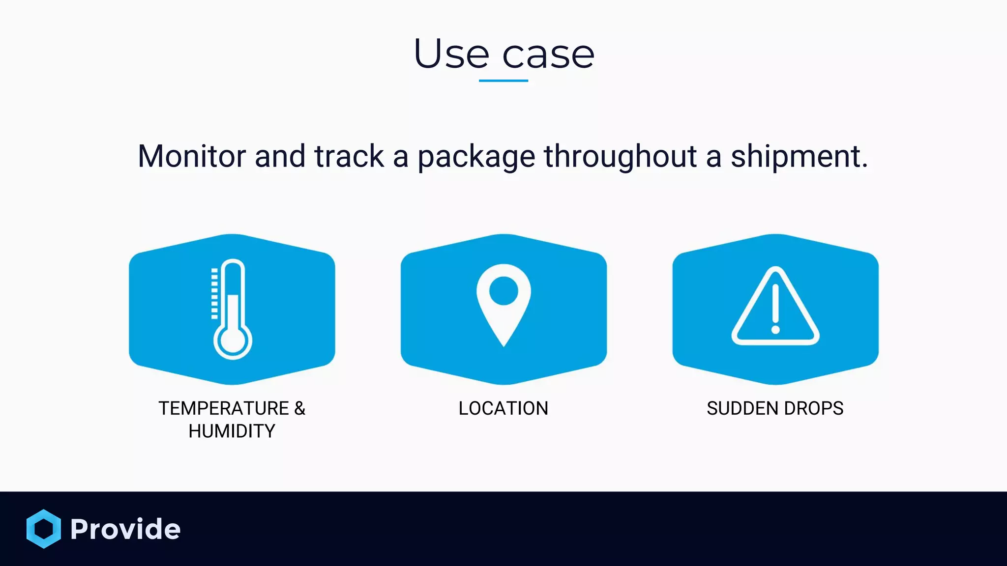 Monitor and track a package throughout a shipment. Use case TEMPERATURE & HUMIDITY LOCATION SUDDEN DROPS 