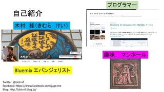 自己紹介
Twitter: @dotnsf
facebook: https://www.facebook.com/juge.me
Blog: http://dotnsf.blog.jp/
趣味： マンホール
木村 桂（きむら けい）
Bluemix エバンジェリスト
プログラマー
 