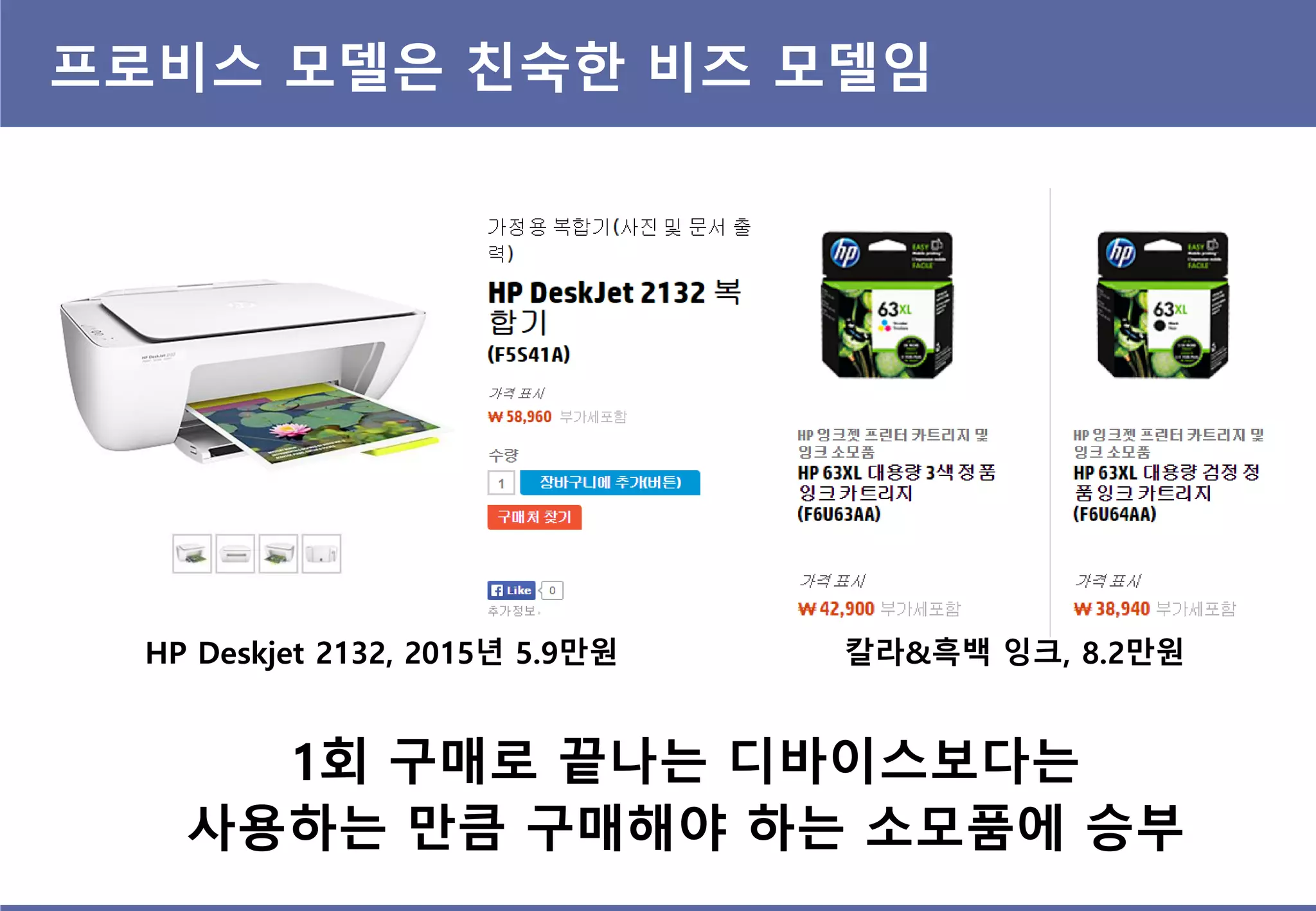 프로비스 모델은 친숙한 비즈 모델임
HP Deskjet 2132, 2015년 5.9만원 칼라&흑백 잉크, 8.2만원
1회 구매로 끝나는 디바이스보다는
사용하는 만큼 구매해야 하는 소모품에 승부
 