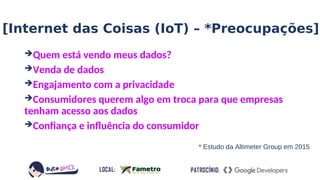 ➔Quem está vendo meus dados?
➔Venda de dados
➔Engajamento com a privacidade
➔Consumidores querem algo em troca para que empresas
tenham acesso aos dados
➔Confiança e influência do consumidor
[Internet das Coisas (IoT) – *Preocupações]
 * Estudo da Altimeter Group em 2015
 