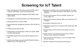 Screening for IoT Talent
1. Deep understanding of the Internet and the TCP/IP suite of
protocols, addressing, routing and troubleshooting

2. Network programming and integration (HTTP, MQTT, CoAP,
XMPP, AMPQ)

3. Cryptography: symmetric/asymmetric and hashing algorithms

4. Security protocols: TLS, DTLS, IPSec

5. Key exchange and management protocols: PGP, PKI, IKEv1,2,
KMIP

6. Wireless security protocol: AES

7. Authentication and Authorization: OAuth 2.0, OpenID, SAML,
any IAM implementation

8. Embedded programming: microcontroller programming, C,
Java

9. Working with devices and machines (RS 232/485, CAN bus,
Modbus, PLCs, TSN, SCADA, etc.)
10.Working with LoWPAN access technologies (IEEE 802.15.4, BLE)
IEEE 802.11 and LPWAN technologies, LORA, SigFox, LTE-M, NB-
IoT/5G-IoT

11.IoT Service Frameworks: OPC-UA, OneM2M, ThreadX, OCF
IoTivity, ZigBee, etc.

12.Big Data/Cloud platforms (Hadoop, AWS, Azure, SAP, Oracle, PTC
ThingWorx)

13.Knowledge of Data Science, ML, AI

14.Applications development and integration (Web, Mobile Apps, ERP
integration)

15.Software Design: real-time object-oriented design, security by
design

16.Design Thinking for IoT Systems (Functional, Non-functional,
Security, Privacy, Usability and Scalability)

17.Agile development methodology, e.g. Scrum and usage of tools
like Jira, Conﬂuence

18.Excellent interpersonal and relationship-building skills
12
 